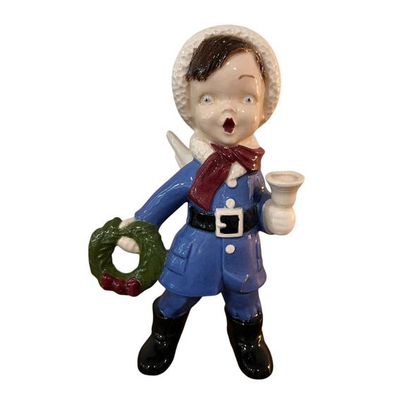 Vintage Holland Christmas Angel Figurine Blue Coat Bell Wreath Wings MCM - Picture 1 of 9